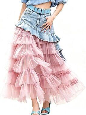 Y2K High Waist Denim Tulle Layered Maxi Skirt - Trendy Vintage Style